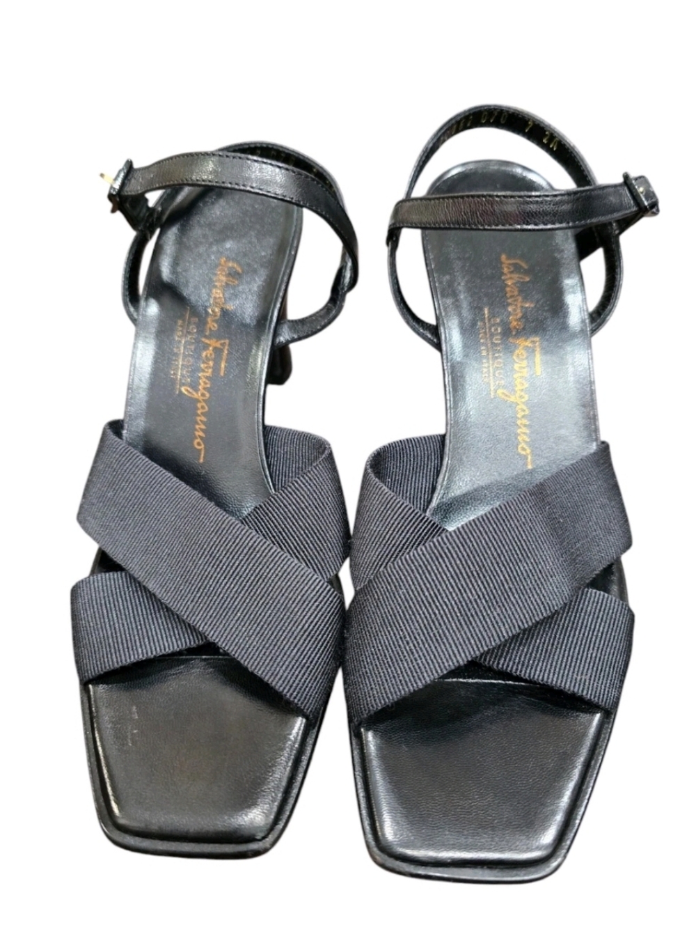 Salvatore Ferragamo Black "Lanny" Grosgrain Ribbon Sandals - Size 7AA Vintage